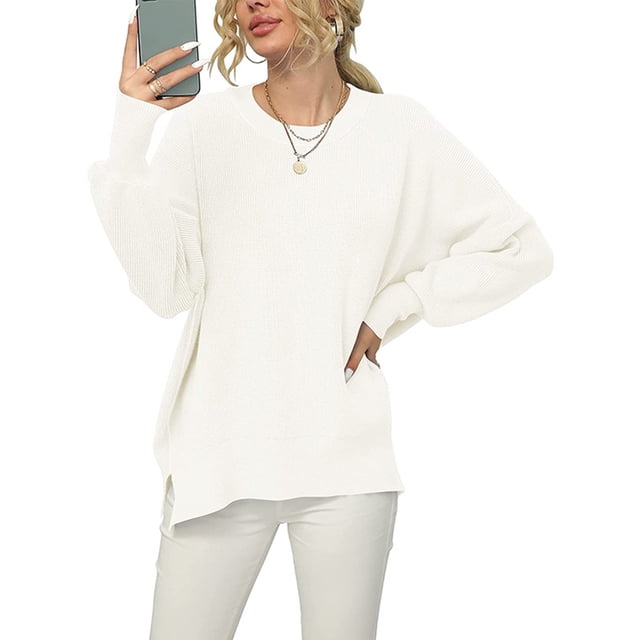 Jersey de punto acanalado suéter de manga larga con cuello redondo y abertura lateral para mujer para otoño invierno blanco S