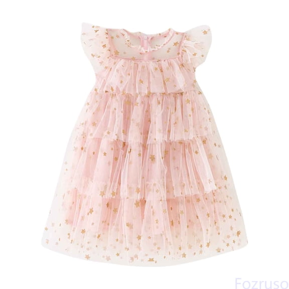Fozruso Dresses for School Casual Toddler Girls Fly Sleeve Star Dress Dance Party Ruffles Dresses Clothes Sizes 2-3 Years