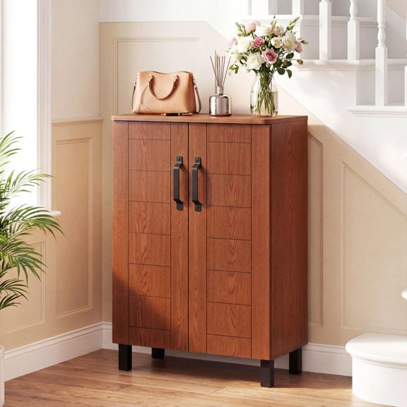 Brown Wooden Shoe Storage Cabinet, 4-Tier Shoe Rack Organizer with Detachable Shelves and Anti-Toppling Kit