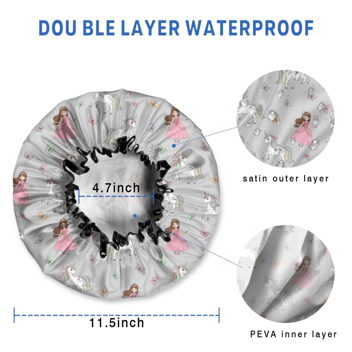 Shower Caps,Princess Unicorn Butterfly Pattern Waterproof Shower Cap for Women 4 Pieces,Double Reusable Hair Cover for Shower PEVA Elastic Stretch Hem