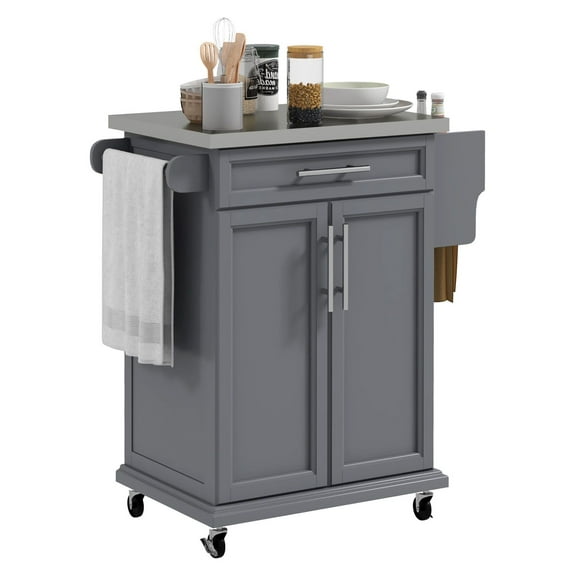 KWUXIN Kitchen Island on Wheels, Gray, with Drawer, Stainless Steel Top, Utility Cart with Towel & Spice Rack
