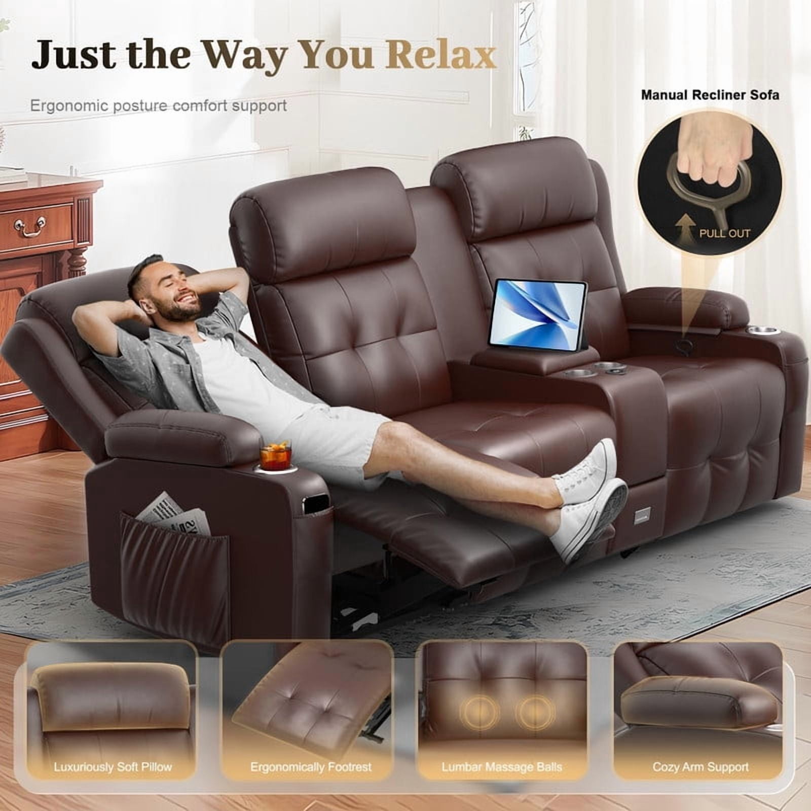 LOBERFVE Loveseat, 3 Seater Manual Recliner with Cup Holders, USB and Type-C Port, Faux Leather Recliner Chair with Massage Function for Living Room Furniture, Brown