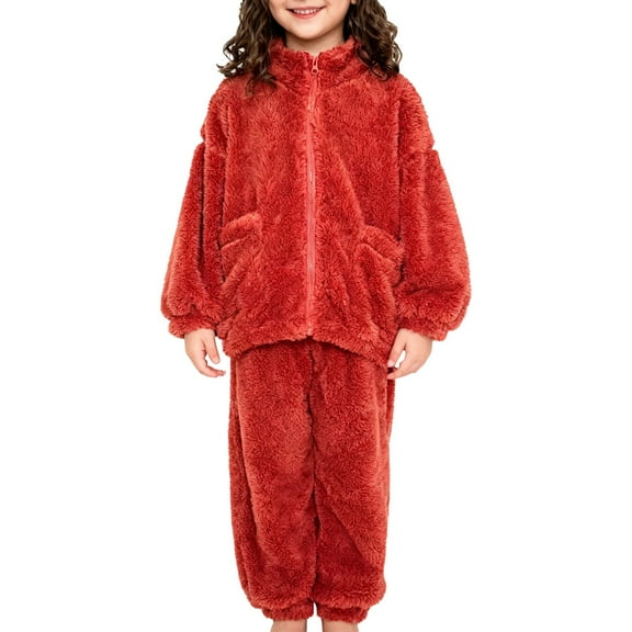 Coerni Girls and Toddlers Fuzzy Fleece Sweatsuit Cozy Flannel Activewear Kids Winter Warm Sherpa Thermal Set Underwear Zipper