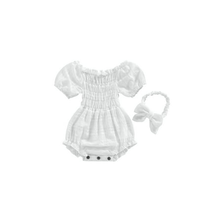 

Amuver Baby Girls 2Pcs Summer Outfits Short Sleeve Ruffle Trim Pleated Romper with Headband Set