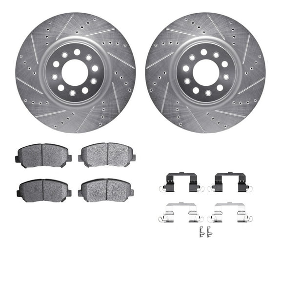 Dynamic Friction Company Front Brake Rotors-Drilled and Slotted-Silver with 5000 Advanced Brake Pads includes Hardware 7512-42055