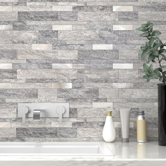 Backsplash Tile Peel and Stick Kitchen Stone Subway Linear Mosaic Bathroom Shower Wall Waterproof(10pcs,Gray)
