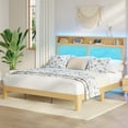thumbnail image 3 of Rattan Bed Frame with LED Lights, Boho Wood Bed Frame with Storage Headboard & Charging Station, Silent Slats, No Box Spring Needed, 3 of 9