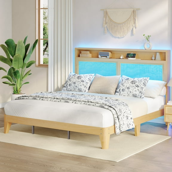 Danolapsi Rattan Bed Frame Queen Size with LED Lights & Charging Station, Boho Bed Frame with Natural Rattan Headboard, 2 Tier Storage Headboard, Sturdy Wooden Slats Support, No Box Spring Needed