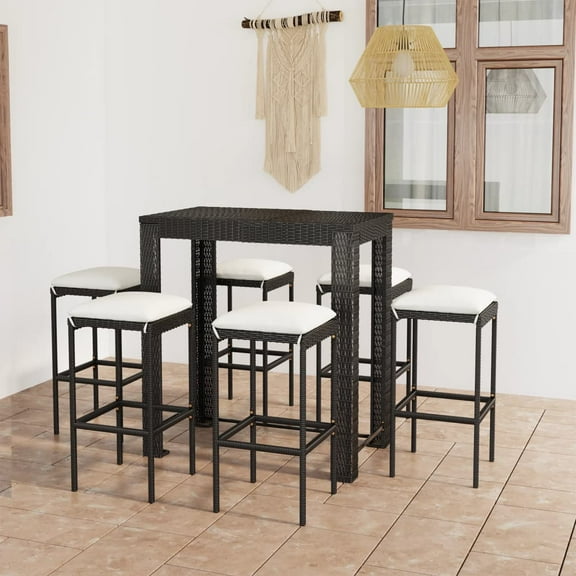 vidaXL 7 Piece Patio Bar Set with Cushions Poly Rattan Black