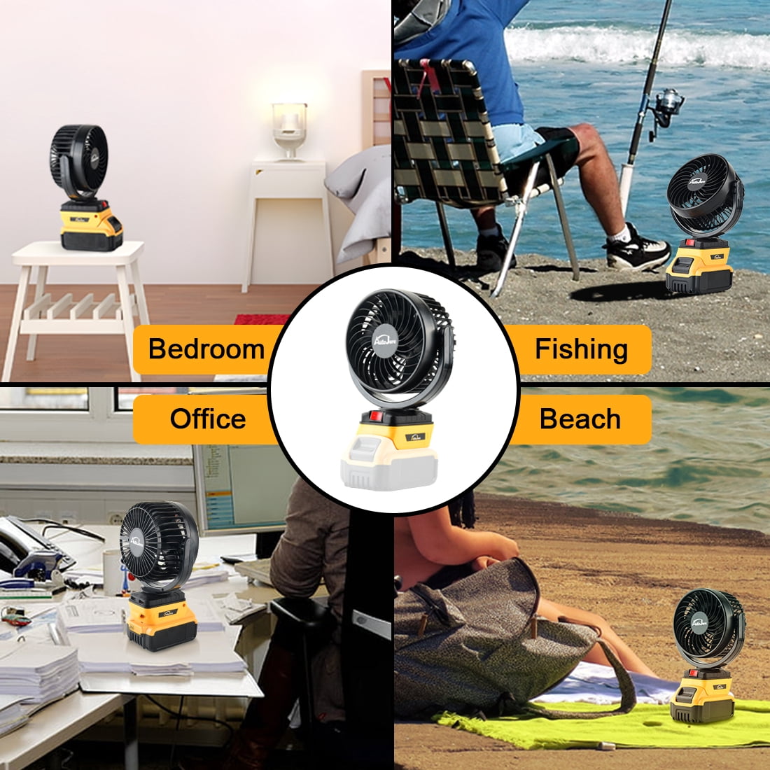 Portable Cordless Fan for Dewalt 20V, Battery Powered 360° Roating Fan Brushless Motor with 2 USB Charging Interface For Household, Office, Camping (No Battery)