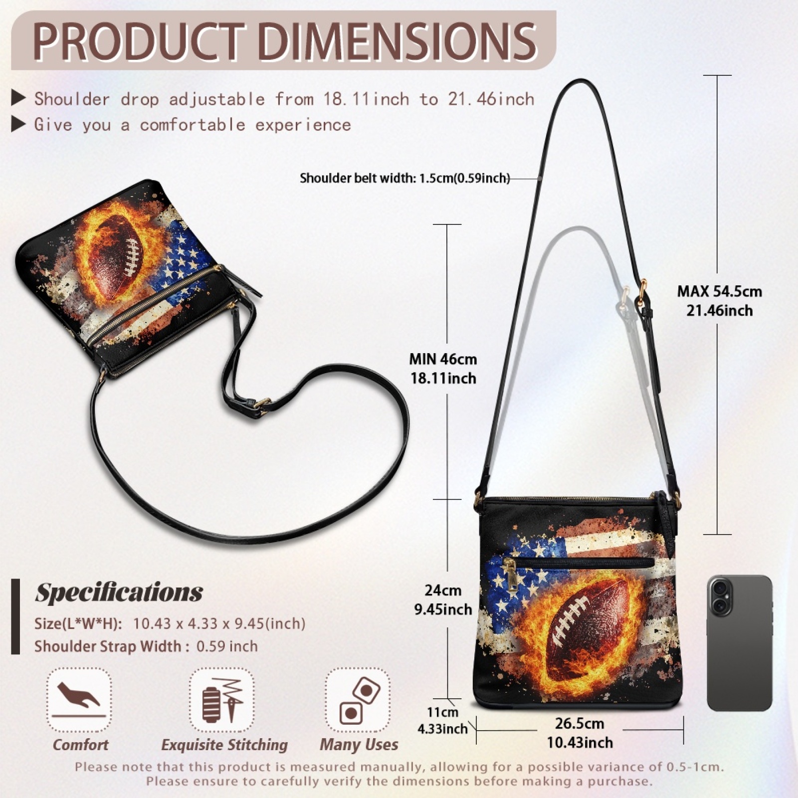 LedBack Football Print Leather Crossbody Purse for Women Ladies, Zipper American Flag Cross Body Bag Satchel Bag Messenger Purse Multi Pockets Satchel Purse with Adjustable Strap, Black