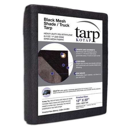 KOTAP 12 x 20 Ft. Shade/Truck Black Mesh Tarp Debris Coverage Breathability 70% Shade 6.5 oz/sq Yard MESH-1220
