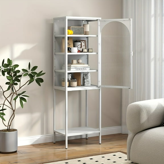 63" White Glass Storage Cabinet - Fluted Metal Doors, 3 Shelves - Freestanding Anti-Tip Design for Living/Dining Room (Modern & Spacious)