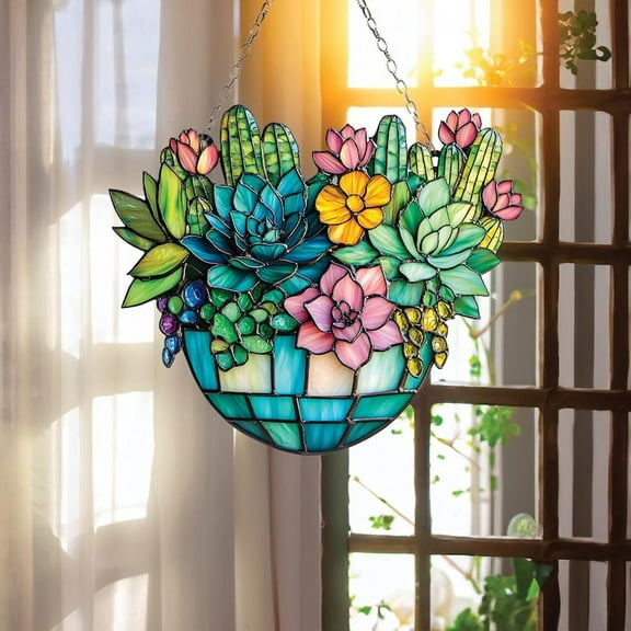 Succulent and Cactus in Pot Acrylic Suncatcher – Vibrant Flower and Plant Faux Stained Glass Window Hanging Nature, Mother's Day Gift