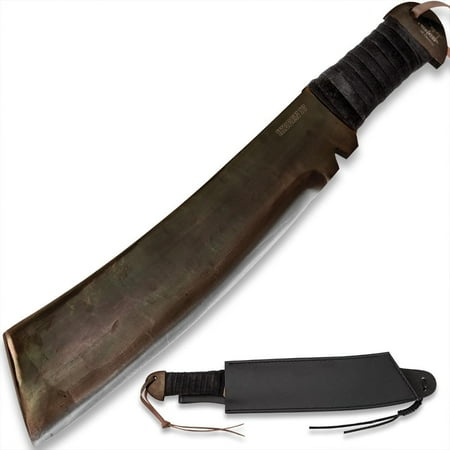 Gil Hibben IV Machete Knife with Leather Sheath | Heat Forged 1090 Carbon Steel | Weathered Blade Finish | Black Cord-Wrapped Handle | Rugged Machete for Practical Use | 18 1/4 Overall