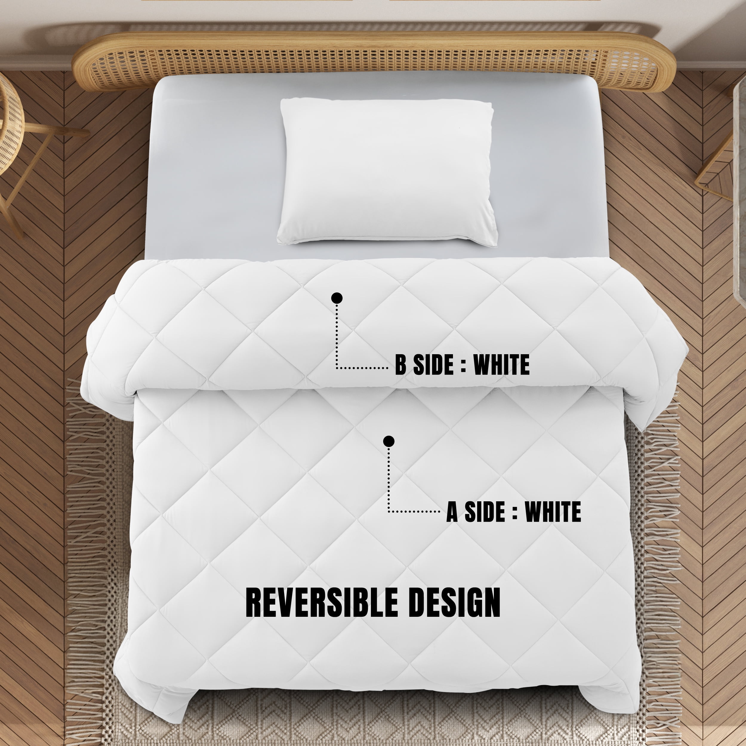Lux Decor All-Season Comforter Sets Twin Size 2 PC, Reversible Bedding Set with Diamond Quilted Design Comforter and 1 Pillow Sham, Lightweight & Cozy Set de Cama White