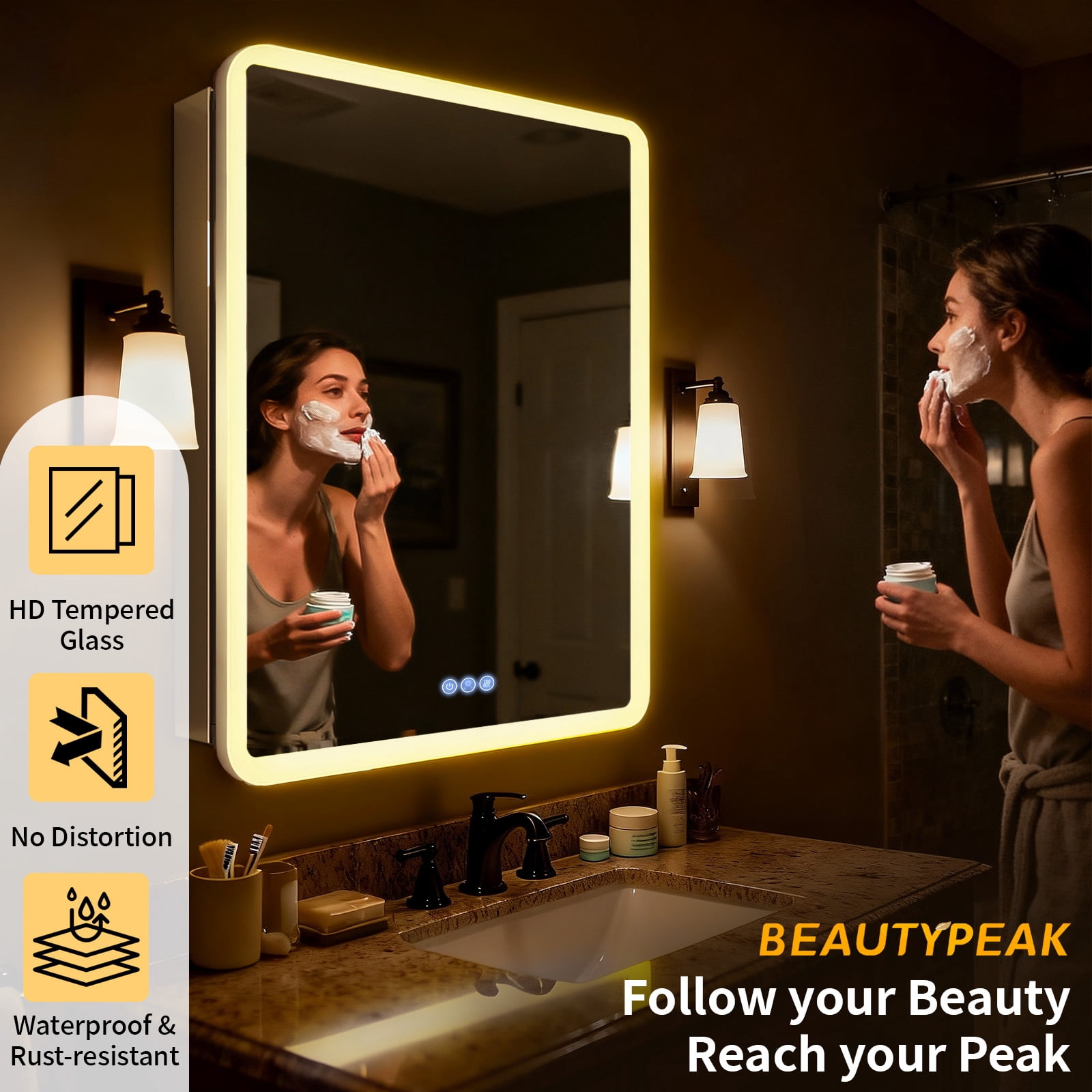 BEAUTYPEAK 24" x 32" Bathroom LED Mirror Medicine Cabinet with Storage Adjustable 3 Color Temperature