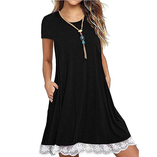 Nouvelle Robe Décontractée pour Femmes Manches 3/4 en Dentelle avec Poche Belle Robe Portable Confortable Noire