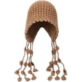 thumbnail image 1 of MOLERFO - Gorro de ganchillo Y2k hecho a mano, tela a mano, con borlas largas, gorro de punto de ganchillo, Beige, Talla única, 1 of 1
