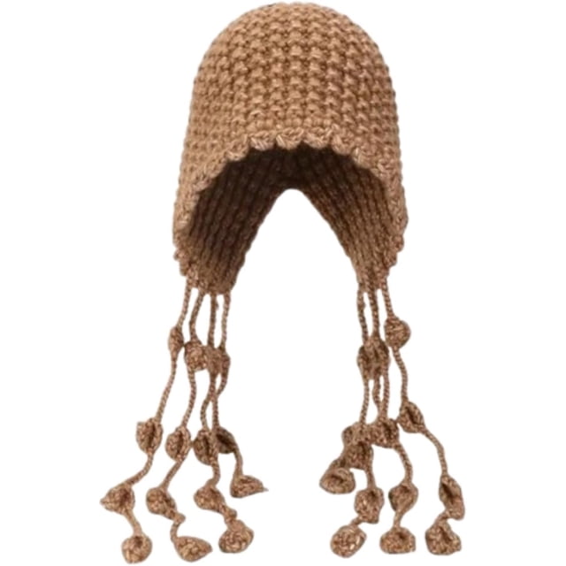 MOLERFO - Gorro de ganchillo Y2k hecho a mano, tela a mano, con borlas largas, gorro de punto de ganchillo, Beige, Talla única