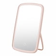 thumbnail image 1 of Espejo de maquillaje LED plegable con 68 luces, carga USB, batería interna de 2400mAh, luz tricolor y diseño portátil en color rosa., 1 of 7