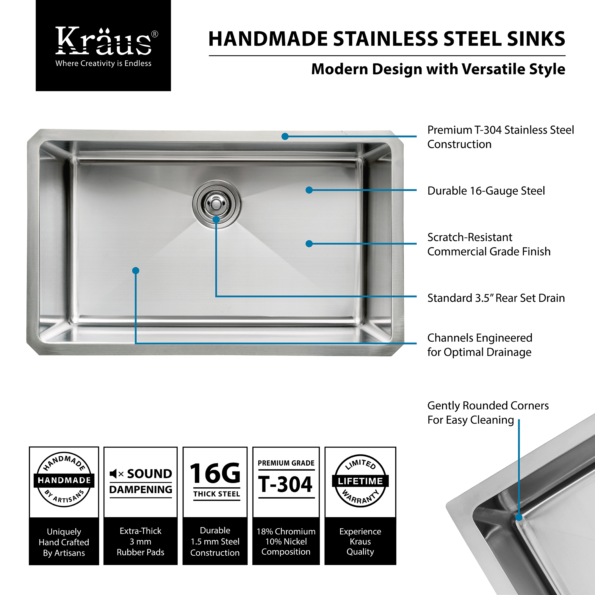 KRAUS 30 Inch Undermount Single Bowl 16 Gauge Stainless Steel Kitchen Sink with Commercial Style Kitchen Faucet & Soap Dispenser in Stainless Steel - image 4 of 12