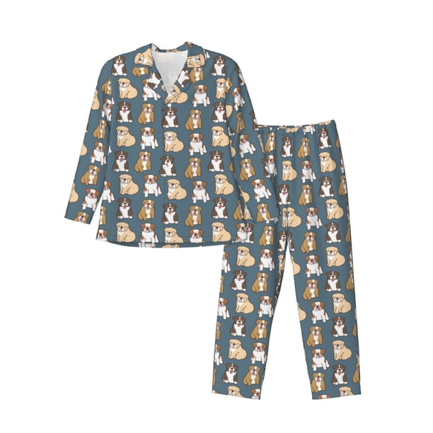 Balery Cartoon Bulldog 1 Pijama para Hombre de Dos Piezas con Manga Larga, Conjunto de Dormir y Descanso Suave con Bolsillos-Small