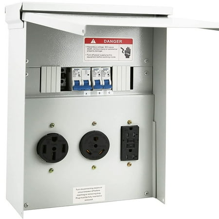 

Temporary power receptacle panel with 20 30 50 amp receptacles installed pre-wired Rv panel receptacle Nema 3R enclosure weatherproof outdoor circuit breaker box