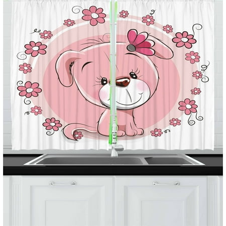 Dog Curtains 2 Panels Set, Cute Little Puppy with Daisy Flowers Cheerful Adorable Domestic Pet Girls, Window Drapes for Living Room Bedroom, 55W X 39L Inches, Pale Pink Coral White, by Ambesonne