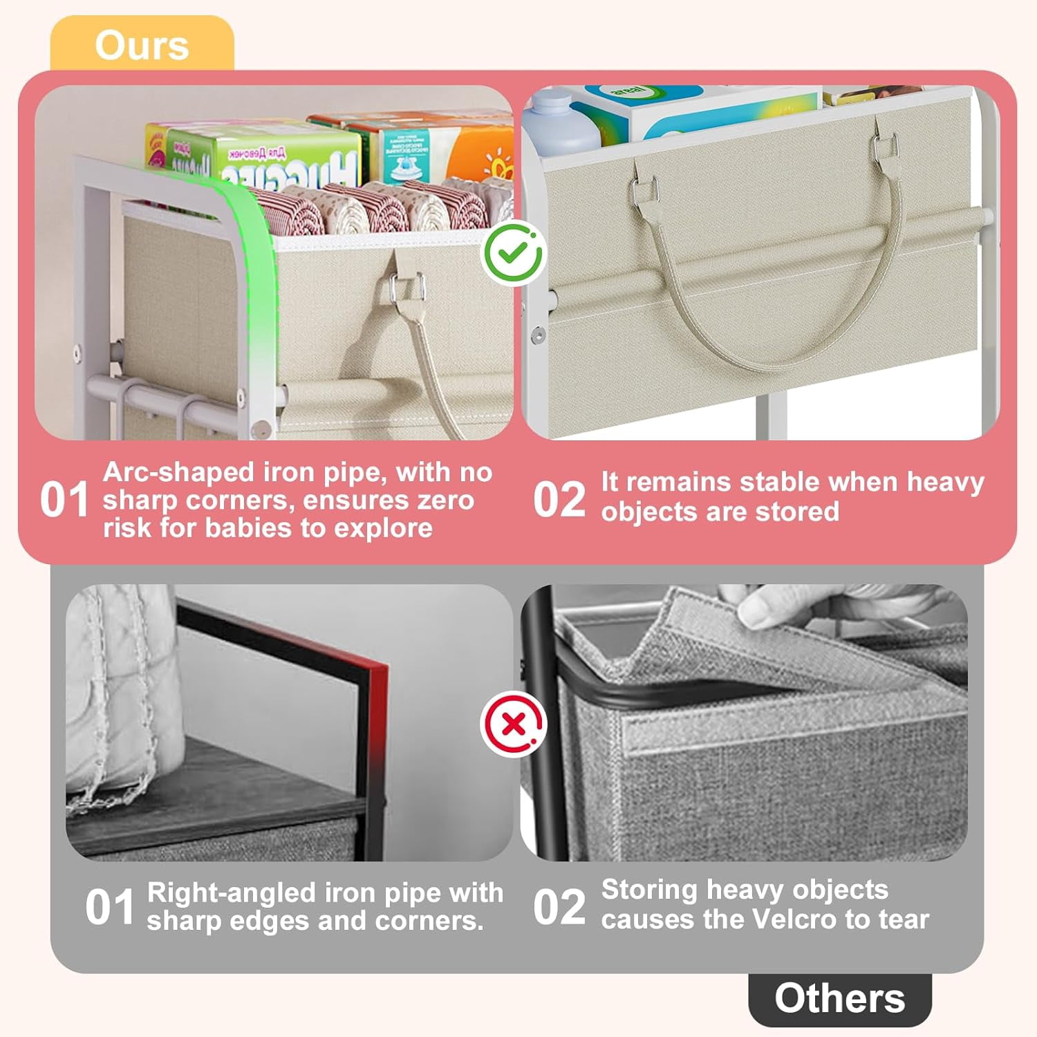2-in-1  Diaper Caddy Organizer with 3 Tiers and Drawer, White Rolling Cart for Nursery Storage