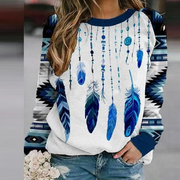 Puntoco Moda Mujer O-cuello Camiseta de manga larga Verano Impresión Blusa suelta tops Puntoco Puntoco-3568