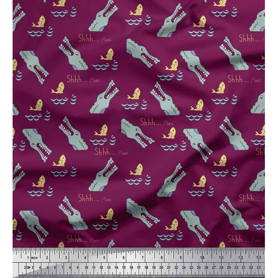 Soimoi Pink Crepe Silk Fabric Crocodile Face & Fish Ocean Print Sewing Fabric Yard 42 Inch Wide