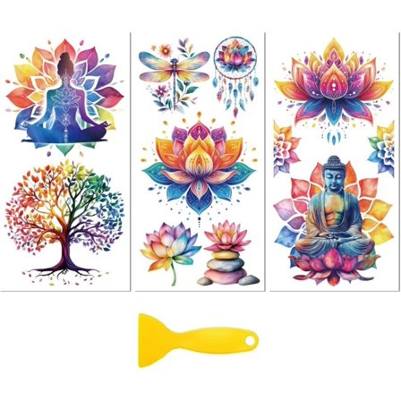 Rub on Transfer Decal Sticker for Furniture Craft Decor 6"x12" Mandala Lotus and Nature 3Pcs Waterproof UV DTF Transfer for Drawer Dresser Glass Porcelain Wood Plastic Window Colorful