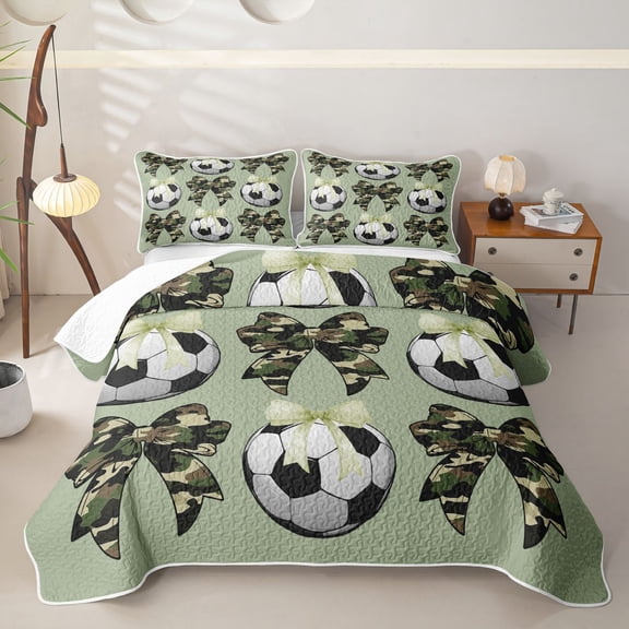 Homewish Soccer Football Twin Quilt Set For Kids,Camo Bowknot Twin Coverlet Set,Green,2pcs