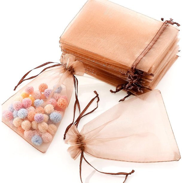 100 bolsas de organza, color café claro, bolsa de organza con cordón de satén, bolsa de regalo para bodas, fiestas, joyas, relojes