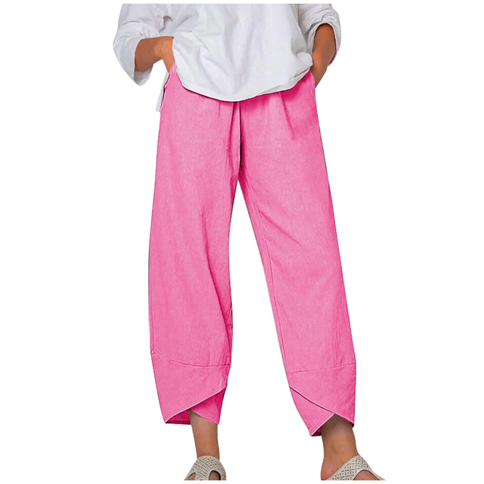 Zodggu Womens Trendy Casual Trousers Loose Solid Elastic Waist Full Length  Long Pants Long Pants With Pocket Gifts for Women Trousers 2023 Joggers  Female Fashion Hot Pink 12 