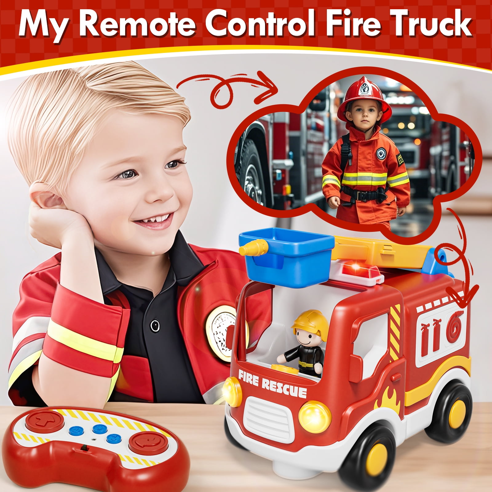 Toys for 2 Year Old Boys Toys, Rechargeable Remote Control Car for Toddler, Kids Toys Age 2 3 4 5, Fire Car with LED Lights & Music, Gifts for Toddler Boys 18+ Months