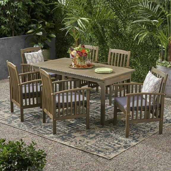 Christopher Outdoor 6 Seater Expandable Acacia Wood Dining Set, Gray and Dark Gray