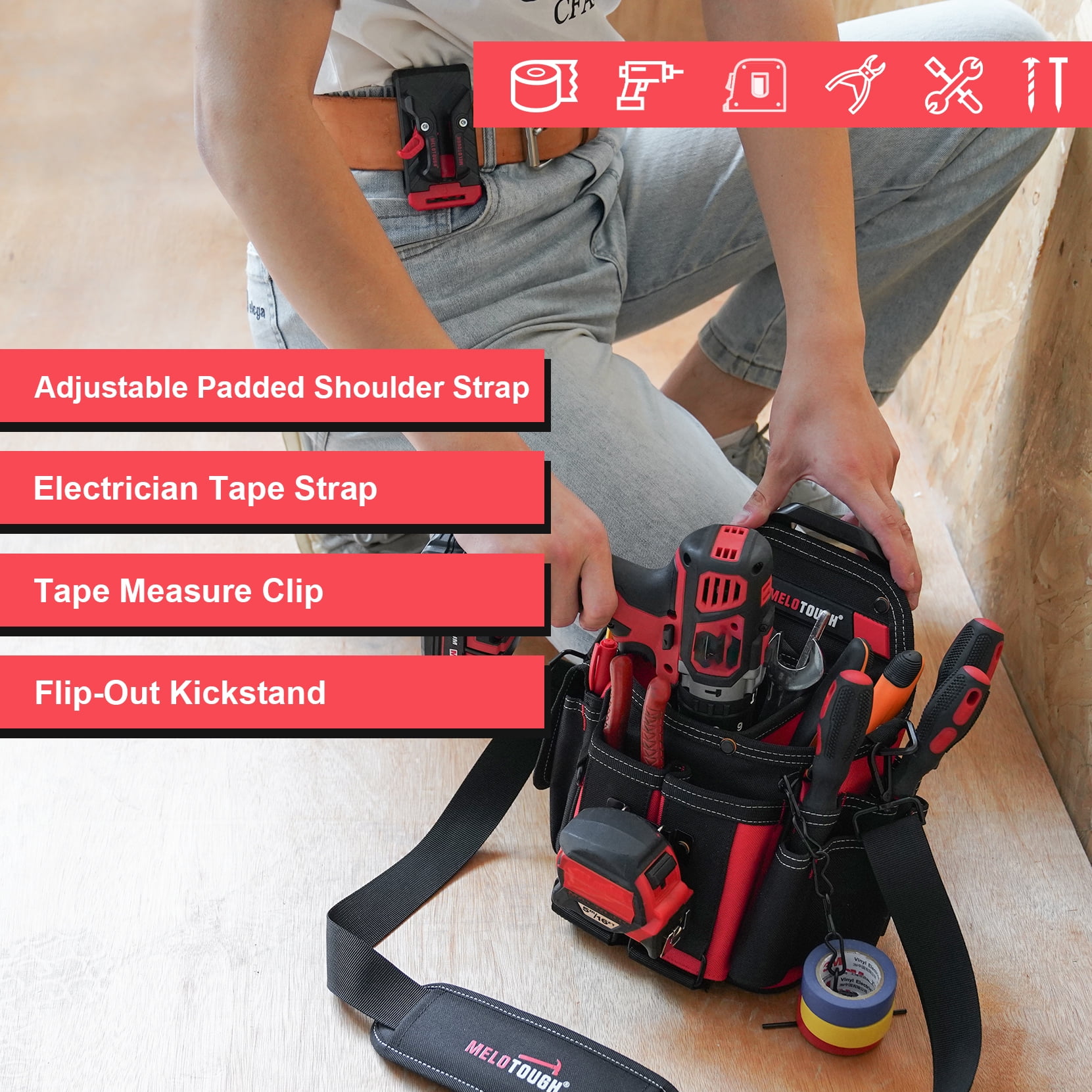 MELOTOUGH Professional Electrician Tool Pouch Bag with Shoulder Strap Tool Pouch with Belt Clip Quickly Attach and Release Tool Bag