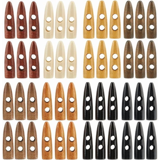 64 botones de madera de 8 colores, 45 x 13 mm, dos agujeros, con forma de diente de cuerno, para suéteres, abrigos, accesorios de costura.