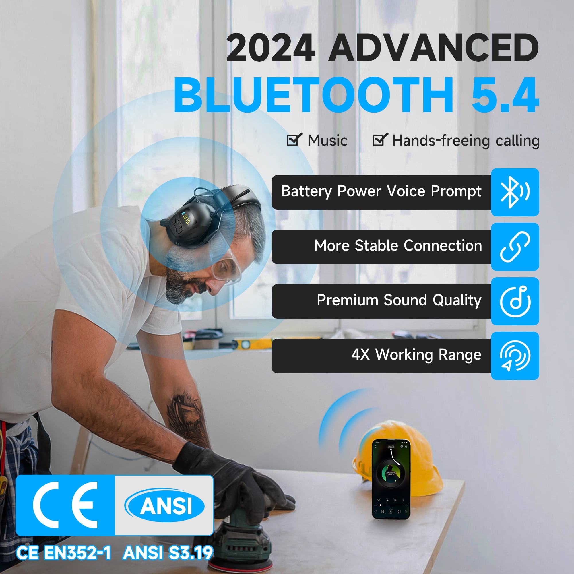 Bluetooth AM FM Radio Headphones with Color Digital Display, 2000mAh Rechargeable Bluetooth 5.4 Hearing Protection, 30dB Safety Earmuffs Ear Protection for Mowing, Work - Black