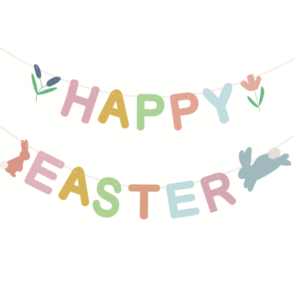 Happy Easter Garland Banner, Pastel Multicolor, Bunny and Floral Theme, Party Decoration
