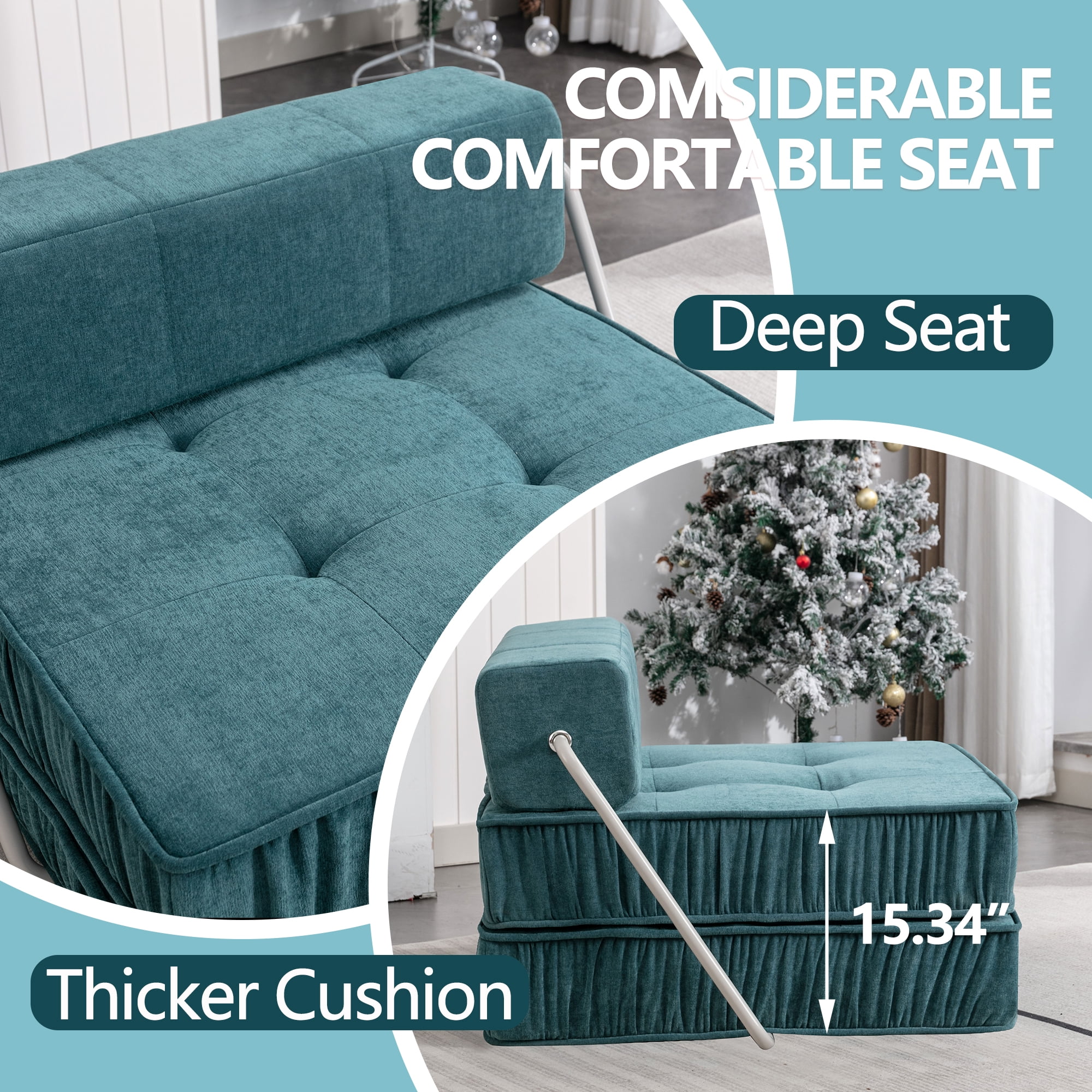 Folding Sofa Bed, Green Convertible Sleeper Chair with Removable Back Cushion and Non-Slip Bottom, Chenille Futon Floor Couch for Living Room, Guest Room, Home Office
