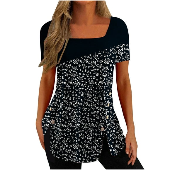 Womens Tunic Tops to Wear with Leggings Square Neck Boho Floral Tee Tops Short Sleeve Button Slit Blouses Tshirts