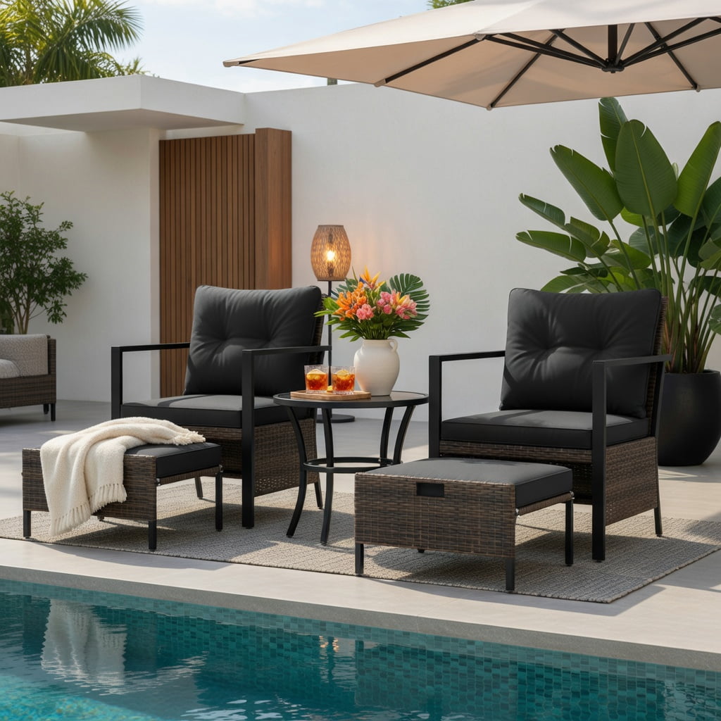 Hommoo 4-Piece Modern Outdoor Wicker Furniture Set with Tempered Glass Coffee Table, PE Rattan & Metal Frame, Black