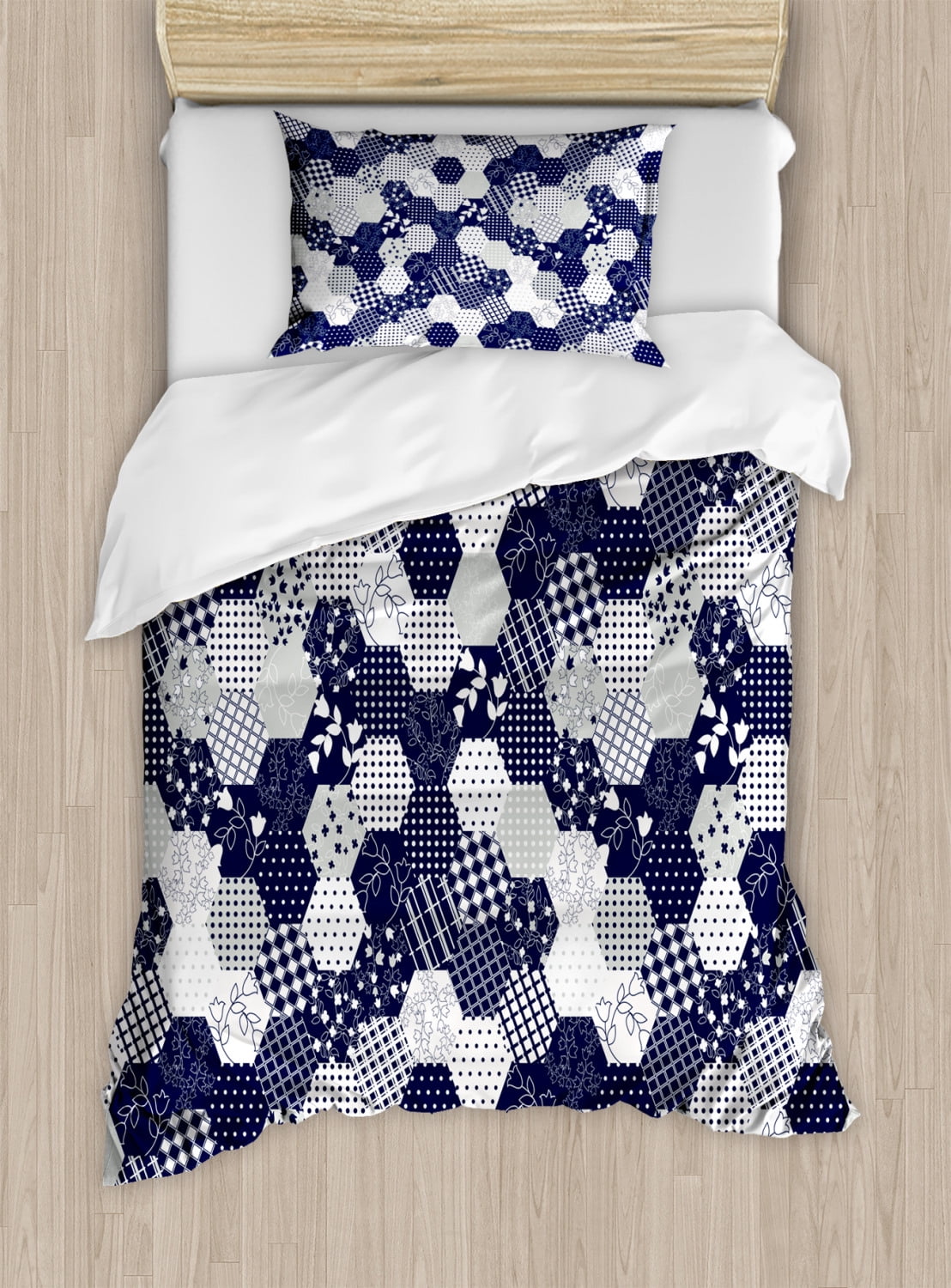 Navy Blue Twin Size Duvet Cover Set, Octagon Patchwork Style Pattern Image  with Dots Stars Squares and Stripes, Decorative 2 Piece Bedding Set with 1  Pillow Sham, Navy and White, by Ambesonne -