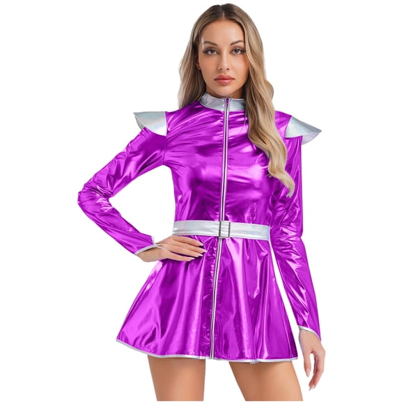 Moggemol Womens Shiny Metallic Space Alien Dress Long Sleeves Rave Outfits Purple M