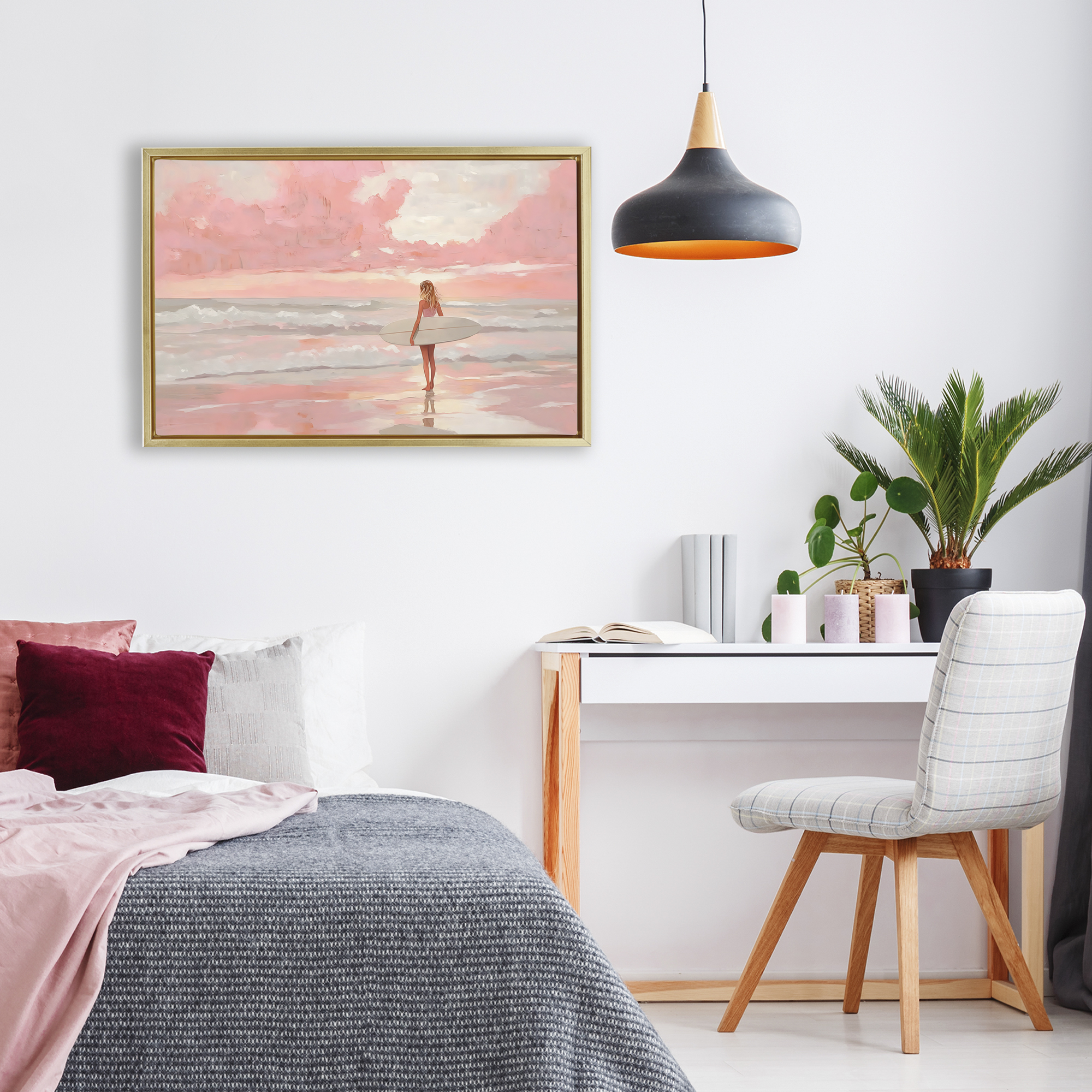 Pink Sky Surfer Gold Framed Floater Canvas Wall Art, design by LSR Design Studio