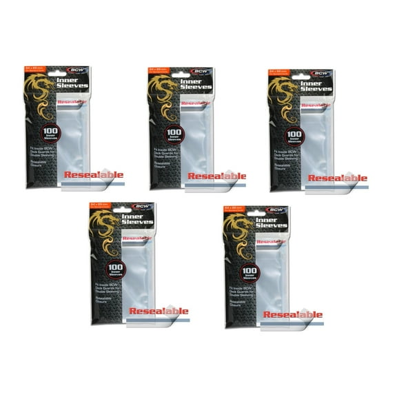 BCW 100 Count Standard Size Resealable Inner Clear Sleeves - 5 Packs