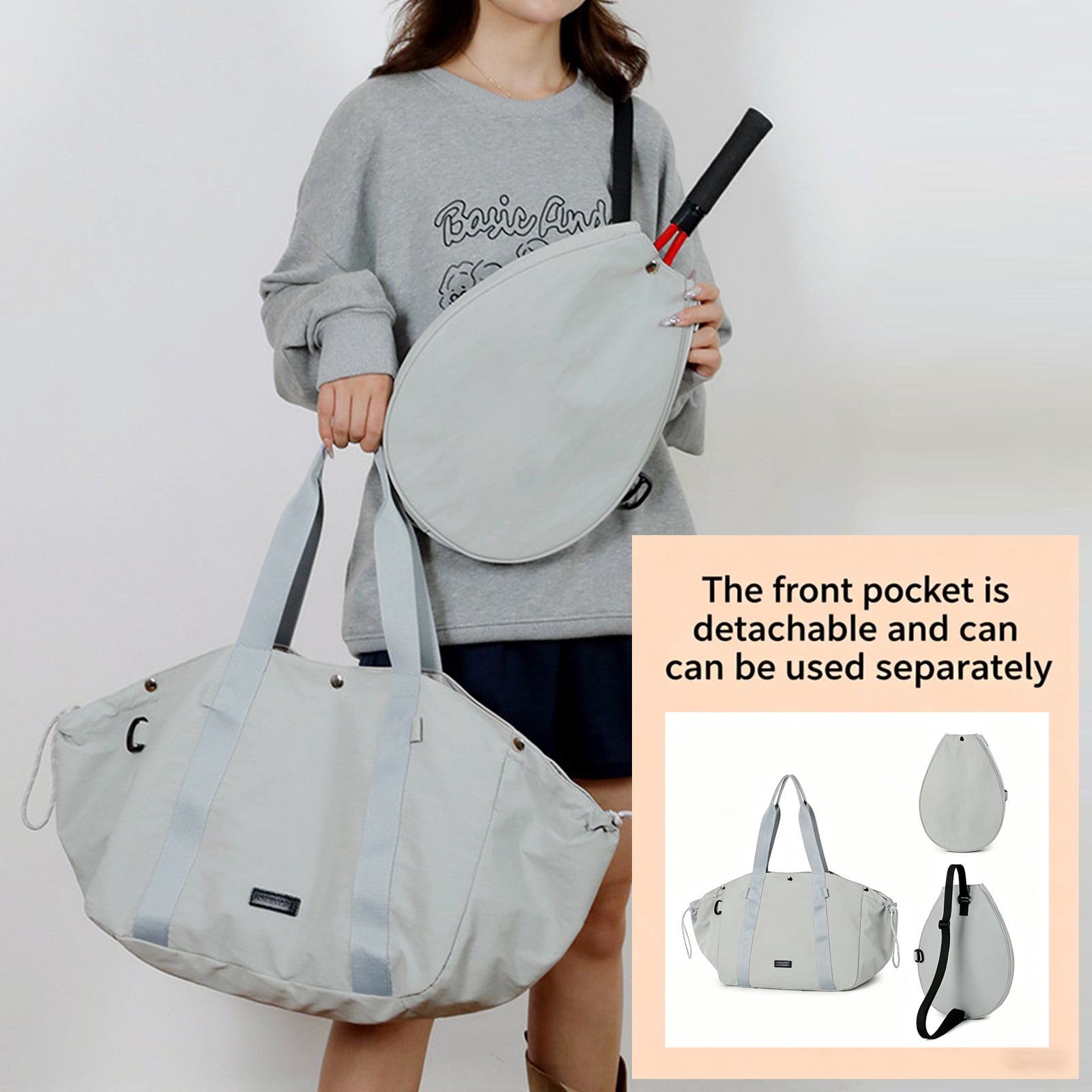 URSOFINE Detachable Tennis Racket Sports Duffel Bag, Water Resistant Lightweight Nylon Multi Compartment Gym Shoulder Handbag with Racket Hook for Tennis Training Travel Daily Use